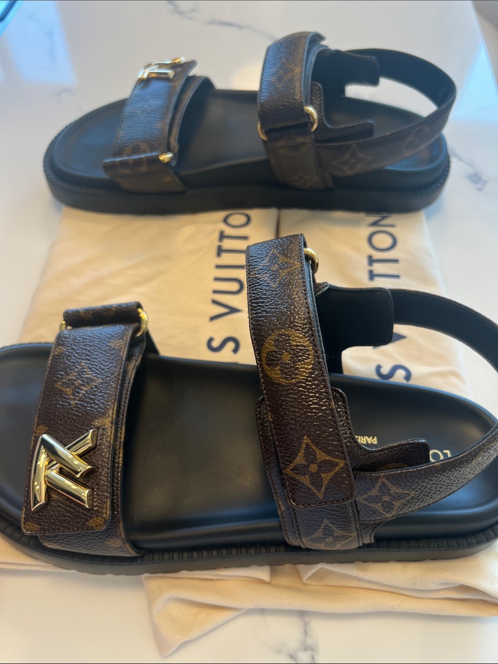 Louis Vuitton Brown Monogram & Black Leather Logo Buckle Sandals - Picture 3 of 3